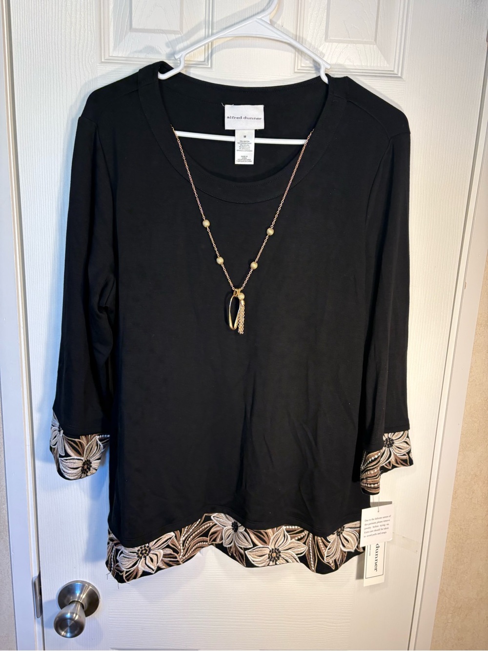 Alfred Dunner Black Long Sleeve Top with Floral Trim